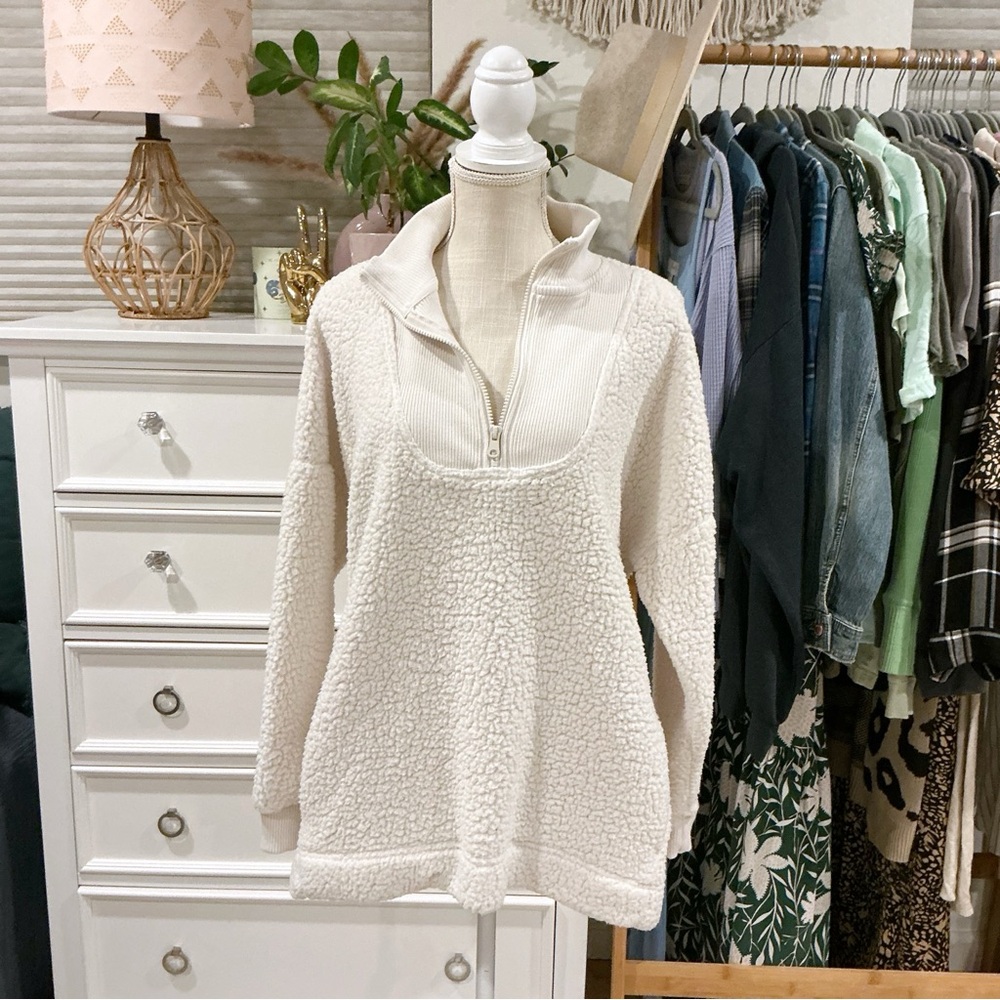 aerie | Cream Half Zip Teddy Sherpa Jacket size Large